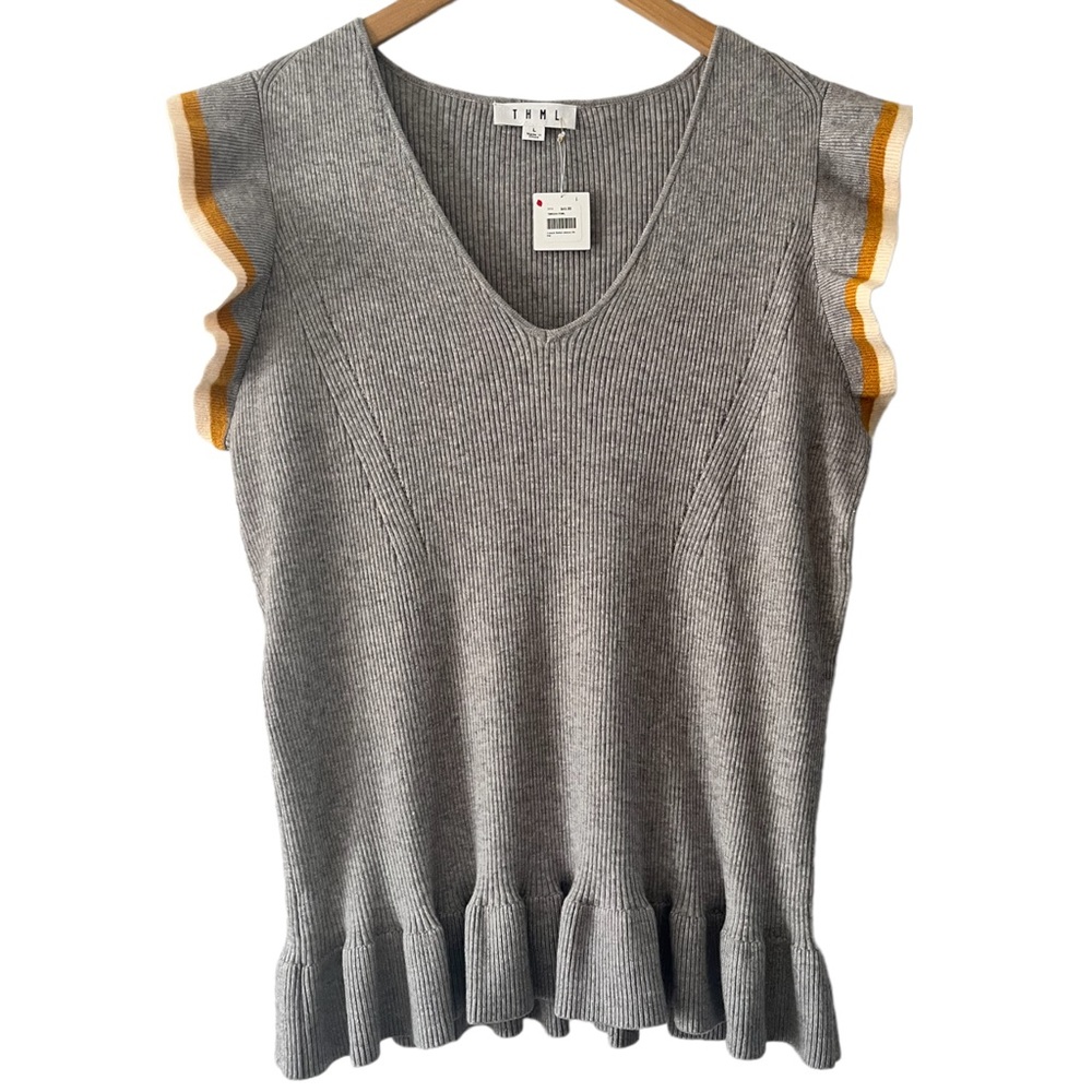 THML Vneck Flutter Sleeve Ribbed Sweater Top
